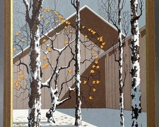 Lot 73 | Vintage Eyvind Earle Xmas Card Barns & Leaves
