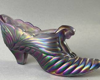 Lot 99 | Fenton Violet Satin Iridescent Glass Cat Slipper
