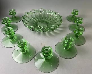Lot 140 | Fostoria Uranium Bowl & 1920s Candlesticks
