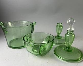 Lot 151 | Fostoria Uranium Glass Ice Bucket, Bowl & Lids
