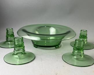Lot 145 | Fostoria Uranium Glass Bowl & Candlesticks
