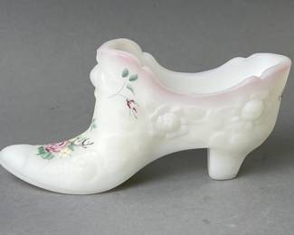 Lot 105 | Fenton White Frosted Glass Rose Slipper
