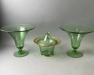 Lot 132 | 1920s Fostoria Uranium Tapered Vases & Gilt Dish
