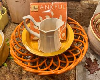 I. Godinger & Co. Ivory Ribbed Creamer Pitcher, Orange Ceramic Braided Bread Basket