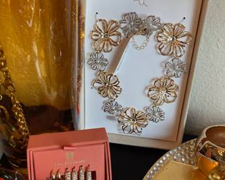 Piper K Nickel Free Gold/Silver Tone Floral Necklace, House of Harlow Glass Stone Earrings