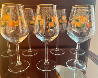 Set of 7 Wine Glasses with Hand Painted Pumpkin Design