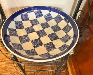 Italian Ceramic Pasta Bowl with Blue Checkered Pattern