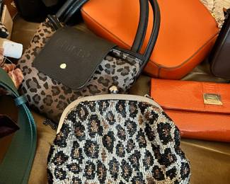 Chicos Leopard Print Packable Tote Bag, Chico's Leopard Print Beaded Clutch, Liz Claiborne Orange Leather Wallet