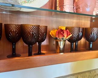 Set of 7 Amber Diamond Leaf Wine Goblets