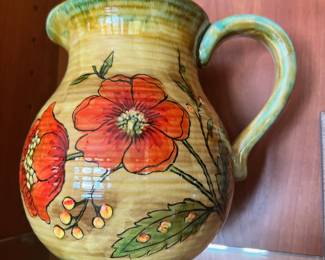 Glazed Ceramic Pitcher with Poppy Design