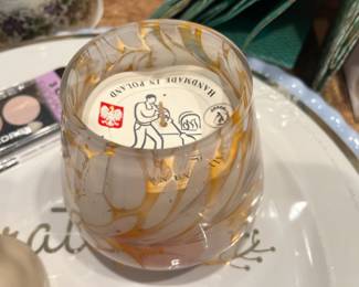 Candle with White/Amber Blown Glass Holder - Handmade in Poland