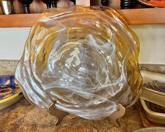 Amber Glass with White Swirl Art Glass Serving Platter