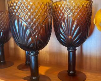 Set of 7 Amber Diamond Leaf Wine Goblets