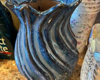Blue Ceramic Ruffled Swirl Vase
