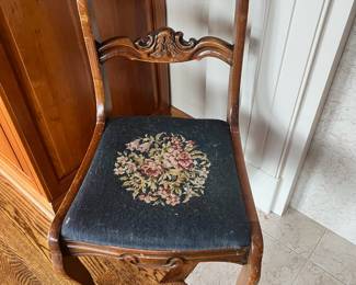 Victorian Carved Ladder Back Chair with Floral Needlepoint Seat