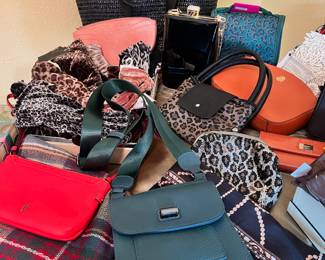 Sondra Roberts Squared Turquoise Crossbody Bag, Chicos Leopard Print Packable Tote Bag, Chico's Leopard Print Beaded Clutch, Liz Claiborne Orange Leather Wallet