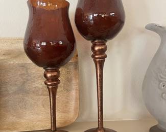 Pair of Candle Holders Brown Glass with Bronze Tone Stem