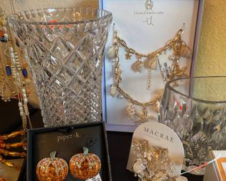 Piper K Glass Stone Pumpkin Earrings, House of Harlow Gold Tone Seashell Necklace, Macrae Dangle Earrings