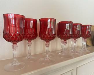 Set of 10 Long Champ 25th Anniversary 2003 Cristal D'Arques Ruby Red with Clear Stem Wine Glasses