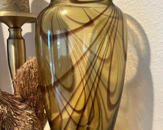 Blown Glass Pulled Feather Amber/Brown Vase 