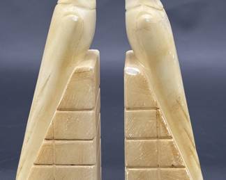 (2) Carved Stone Bookends, Figural w/ Exotic Birds