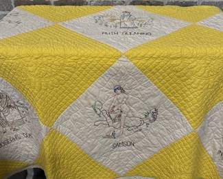Vtg. Hand Quilted & Embroidered Bible Story Quilt