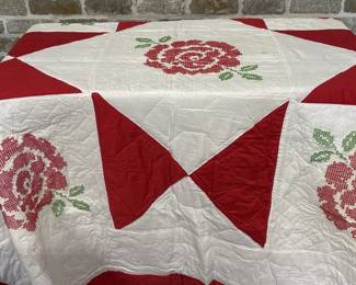Vtg. Hand Quilted & Embroidered White & Red Quilt