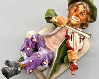 Vtg. Hanging Clown Playing Violin Wall Figurine
