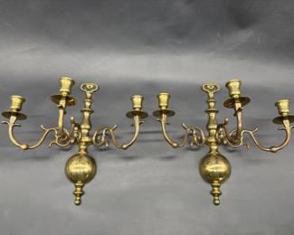 Pair Vintage Brass 3-Candle Wall Sconces