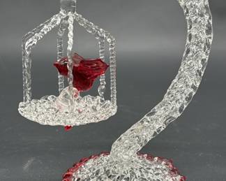Crystal Hanging Red Bird in Cage on Stand