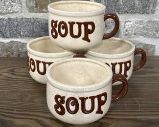 (4) Stoneware Pottery Handled Soup Mugs