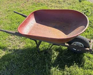 Vintage Red Metal Wheelbarrow w/ Wooden Handles