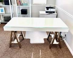 WILLAM SONOMA EXCLUSIVE MASON WOOD TOP DESK / TABLE WITH CHROME LEAGS $395