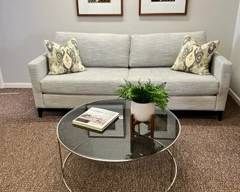 MCM DESIGN SOFA  250                                                              
 38" RD SMOKE GLASS N BRASS METAL TABLE $250