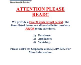 PRESELL NOTICE furniture appliance vehicles