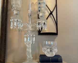 Pair Baccarat frosted and figural glass candelabra