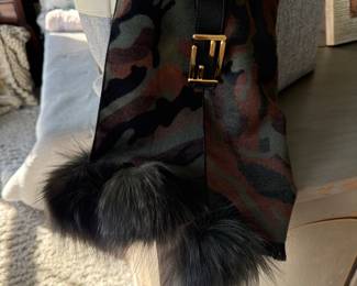 Fendi belt, fur trimmed camo scarf