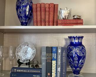 Cobalt Bohemian glass vases, pair, Steuben vase, Tiffany flutes