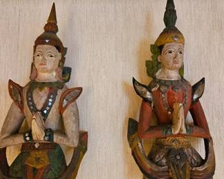 Pair Vintage Thai/Southeast Asian Wood Carving Figure Kneeling and Praying