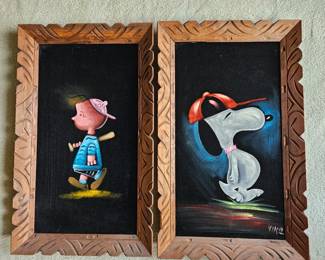 Vintage Snoopy & Charlie Brown Velvet Oil Paintings
