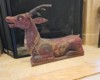 Antique Carved Wood Recumbent Deer