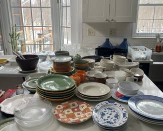 dining plates, ceramic cups, bowls, small pans