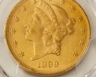 1899 $20 Double Eagle Liberty Gold Coin Graded PCGS MS60 Brilliant Uncirculated Condition