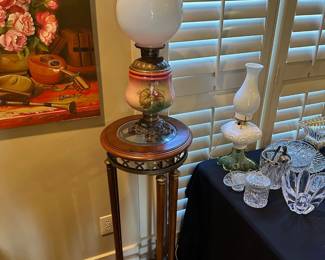 Plant Stand & Vintage Kerosene Lamp "Gone with the Wind" Style (made by Royal)