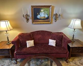 Queen Anne Style Sofa, Antique Brass & Glass Lamps, Mahogany Side Tables