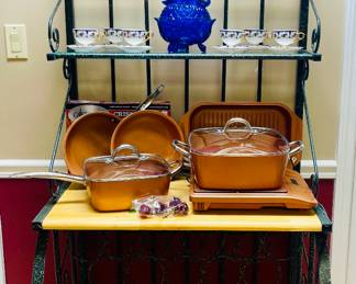 Nice Iron Pot Rack with Glass Shelves and Wooden Top