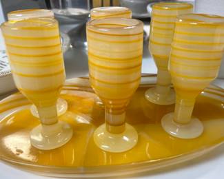 Mid Century Modern Onyx Shot Glasses with Matching Tray 