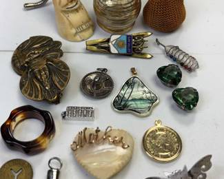 Mixed Lot Billiken, Perfume Bottle, Coin, Ring, Pendants, Earrings, Token and such