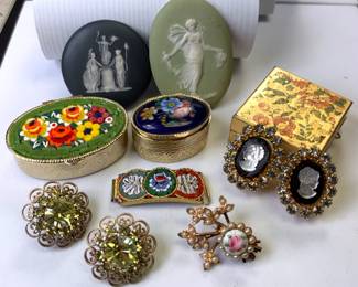 Pill Boxes, Ceramic Buttons, Earrings and Micro Mosaic
