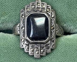 Sterling Silver Marcasite and Onyx Ring